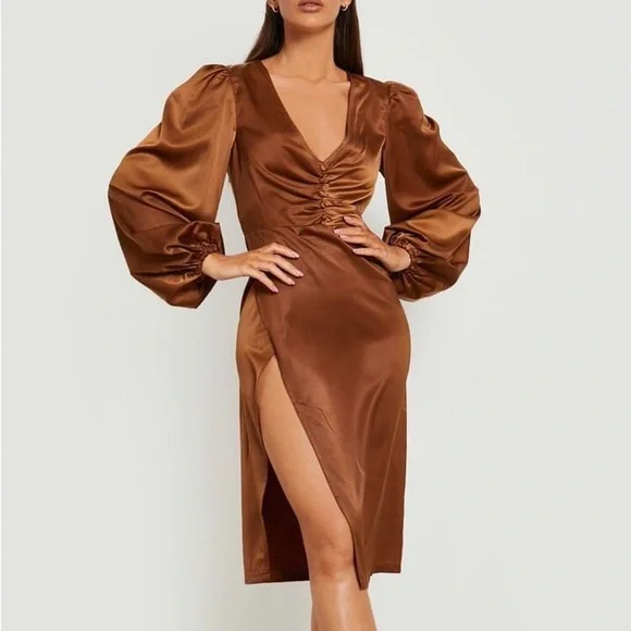 knee length dresses for ladies AX PARIS CHOCOLATE VELVET ONE SHOULDER RUCHED MIDI DRESS main image 0